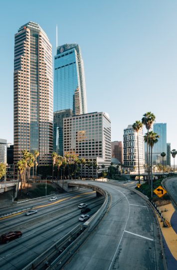 Los Angeles cityscape skyline view of the 110 Freeway, in downtown Los Angeles, California